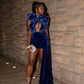 King Blue Short Prom Homecoming Dress with Train Ruffles Shoulder Black Girl Birthday Gown vestidos de graduación