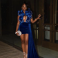 King Blue Short Prom Homecoming Dress with Train Ruffles Shoulder Black Girl Birthday Gown vestidos de graduación