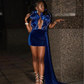 King Blue Short Prom Homecoming Dress with Train Ruffles Shoulder Black Girl Birthday Gown vestidos de graduación