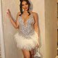 Luxury Diamante Short Homecoming Prom Dress Silver White Glitter Diamante Feather Applique Black Girls Birthday Party