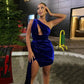 Sexy Short Mini Cocktail Party Dresses Royal Blue One-Shoulder Cut Out Homecoming Skirt Simple Glitter Velvet Prom Dress