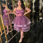 Purple Short Prom Party Dresses Sweetheart Spaghetti Strap Pleats Tulle Tiered Homecoming Dress Evening Event Formal Gown