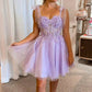 Elegant Lilac Lace Appliqued Homecoming Dresses Short Mini Beaded Women Party Wear Sexy Illusion Tulle Cocktail Dress