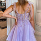 Elegant Lilac Lace Appliqued Homecoming Dresses Short Mini Beaded Women Party Wear Sexy Illusion Tulle Cocktail Dress