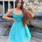 Sexy Short Mini Party Dresses Sweetheart Blue Spaghetti Straps Appliques Lace Homecoming Skirt Princess Prom Dress Summer