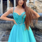 Sexy Short Mini Party Dresses Sweetheart Blue Spaghetti Straps Appliques Lace Homecoming Skirt Princess Prom Dress Summer