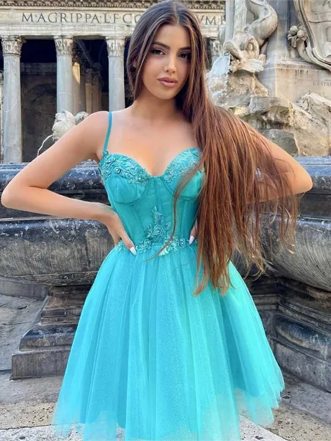 Sexy Short Mini Party Dresses Sweetheart Blue Spaghetti Straps Appliques Lace Homecoming Skirt Princess Prom Dress Summer