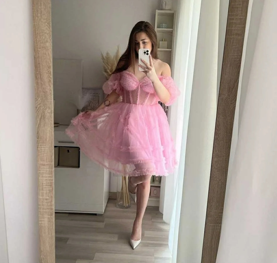 Princess Pink Prom Dresses Fairy Off The Shoulder Knee Length Party Dress Formal Evening Gowns Summer Vestidos De Gala