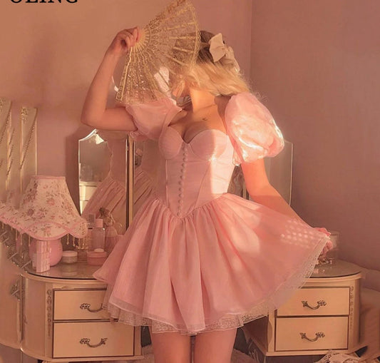 Princess Short Pink Party Prom Dresses Pretty Puff Sleeves Sweetheart Lace Organza Mini Fairy Homecoming Dress Summer