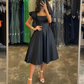 Homecoming Dresses Black Younger Girls' Wear Tea Length A Line Graduation Party Gowns Square Neck Short Sleeves Prom Dress