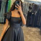 Homecoming Dresses Black Younger Girls' Wear Tea Length A Line Graduation Party Gowns Square Neck Short Sleeves Prom Dress