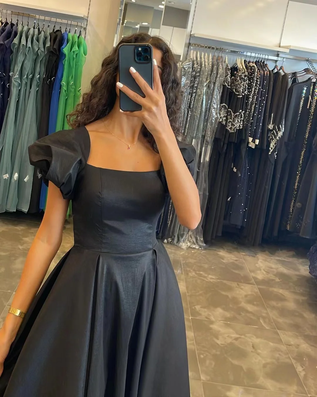 Homecoming Dresses Black Younger Girls' Wear Tea Length A Line Graduation Party Gowns Square Neck Short Sleeves Prom Dress