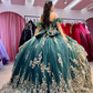 Luxury Emerald Green Off The Shoulder Quinceanera Dresses Ball Gown Gold Appliques Lace Tull Birthday Party Dress vestido de 15