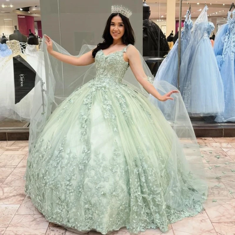 Sage Green Luxury Quinceanera Dresses With Cloak Butterfly Lace Tull Birthday Party Prom Vestidos De 15 Anos Ball Gowns