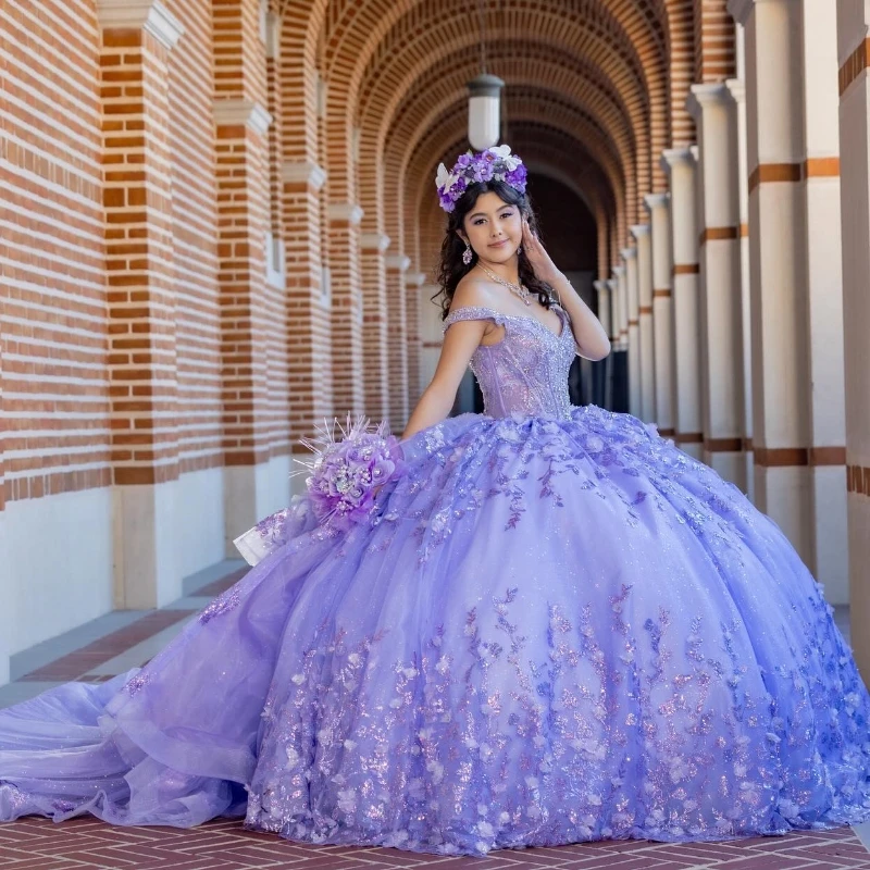 Lavender Sparkly Sweetheart Ball Gown Quinceanera Dresses Beads Appliques Long Prom Dress Birthday Party Gowns Vestidos De 15