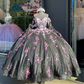 Black Bling Quinceanera Dresses Mexican Sweetheart Off-The-Shoulder Long sleeve Pink Applique Ball Gowns A-Line Puffy Vestidos