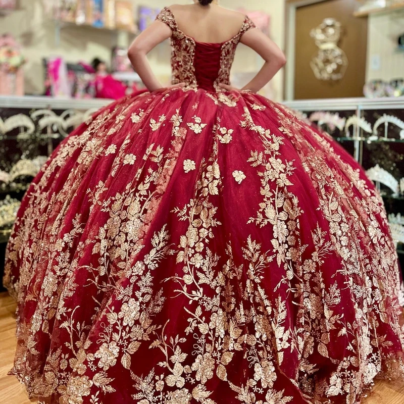 Red Glitter Sequined Ball Gown Quinceanera Dresses Off The Shoulder Gold Applique Lace Corset Vestidos De 15 Años