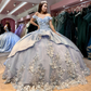 Sky Blue Off The Shoulder Quinceanera Dress Ball Gown 3D Flowers Applique Beads Crystal Tull Sweet 16 Vestidos De XV 15 Anos