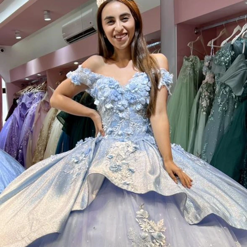 Sky Blue Off The Shoulder Quinceanera Dress Ball Gown 3D Flowers Applique Beads Crystal Tull Sweet 16 Vestidos De XV 15 Anos