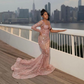 Rose Pink African Mermaid Evening Formal Dress for Women Long Sleeve Sparkly Crystal Applique Prom Gown vestidos de gala mujer