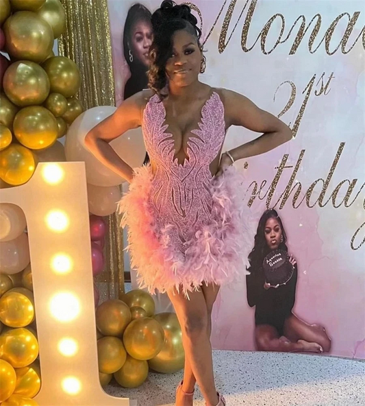 Pink Diamond Feather Short Prom Dresses Black Girls Sexy Birthday Party Dress Beaded African Mini Cocktail Dresses Homecoming