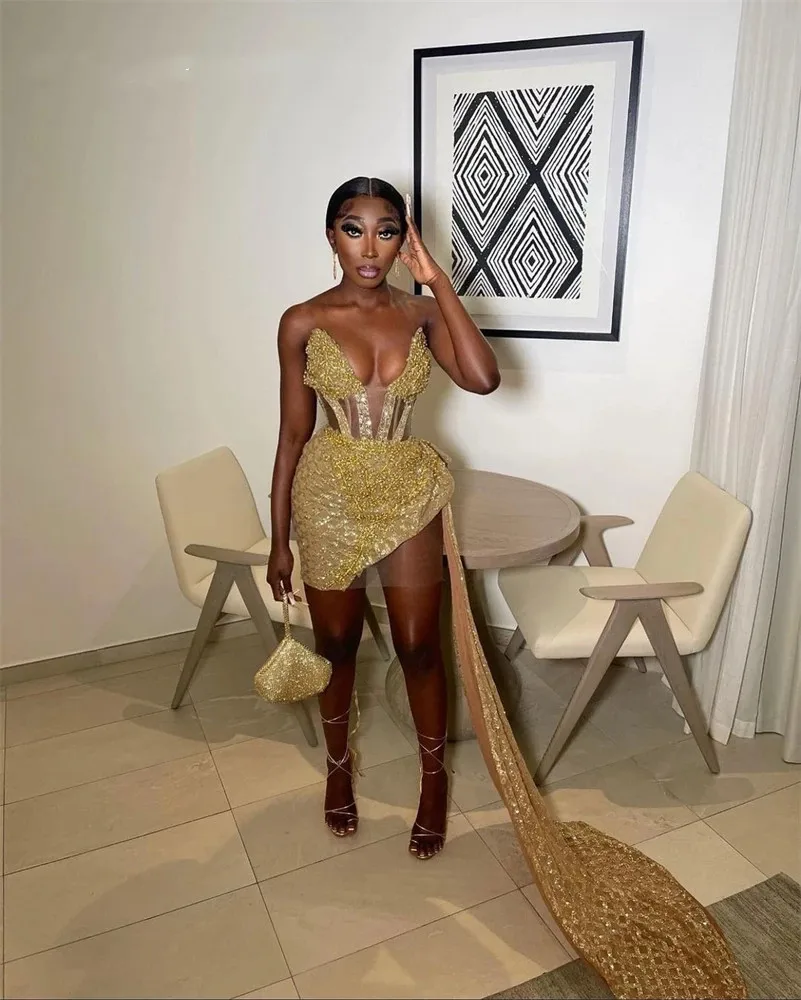 Luxury Gold Sweetheart Short Prom Dress For Black Girls Lace Up Birthday Party Dresses With Tail Mini Cocktail Homecoming Dress