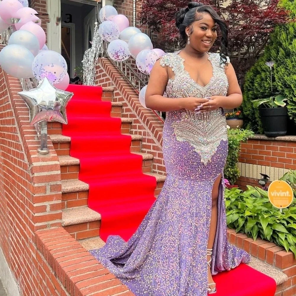 Glitter Purple Sequins Prom Dress For Black Girls 2024 High Slit Silver Crystal Beaded Party Gown Robe De Soiree