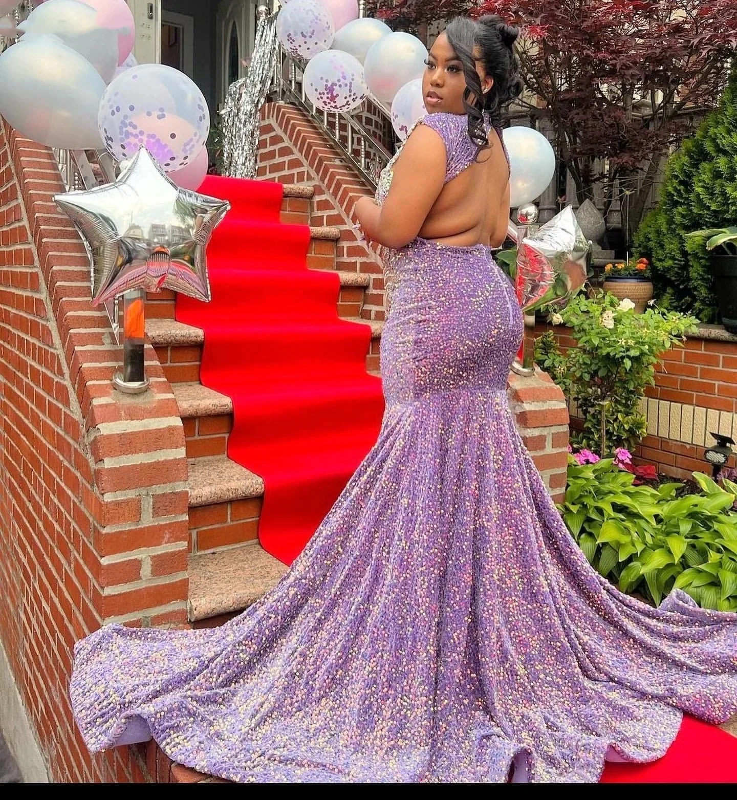 Glitter Purple Sequins Prom Dress For Black Girls 2024 High Slit Silver Crystal Beaded Party Gown Robe De Soiree