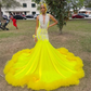 Yellow Satin Long Prom Dress 2024 For Black Girls Beading Sequins Lace Ruffles Birthday Party Evening Birthday Party Gown Vestid