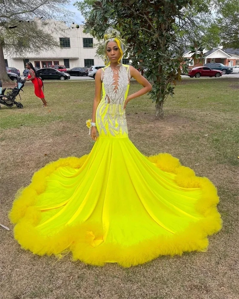 Yellow Satin Long Prom Dress 2024 For Black Girls Beading Sequins Lace Ruffles Birthday Party Evening Birthday Party Gown Vestid