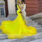 Yellow Satin Long Prom Dress 2024 For Black Girls Beading Sequins Lace Ruffles Birthday Party Evening Birthday Party Gown Vestid