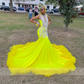 Yellow Satin Long Prom Dress 2024 For Black Girls Beading Sequins Lace Ruffles Birthday Party Evening Birthday Party Gown Vestid