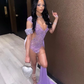 Purple Velvet Short Prom Dress for Black Girl Sparkly Diamond Crystal Beaded Sheer Mesh Birthday Homecoming Queen Gown