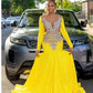 Yellow Luxury African Mermad Evening Formal Dress Long Sleeve Sparkly Diamond Blak Girl Prom Birthday Gown vestidos de gala