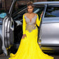 Yellow Luxury African Mermad Evening Formal Dress Long Sleeve Sparkly Diamond Blak Girl Prom Birthday Gown vestidos de gala