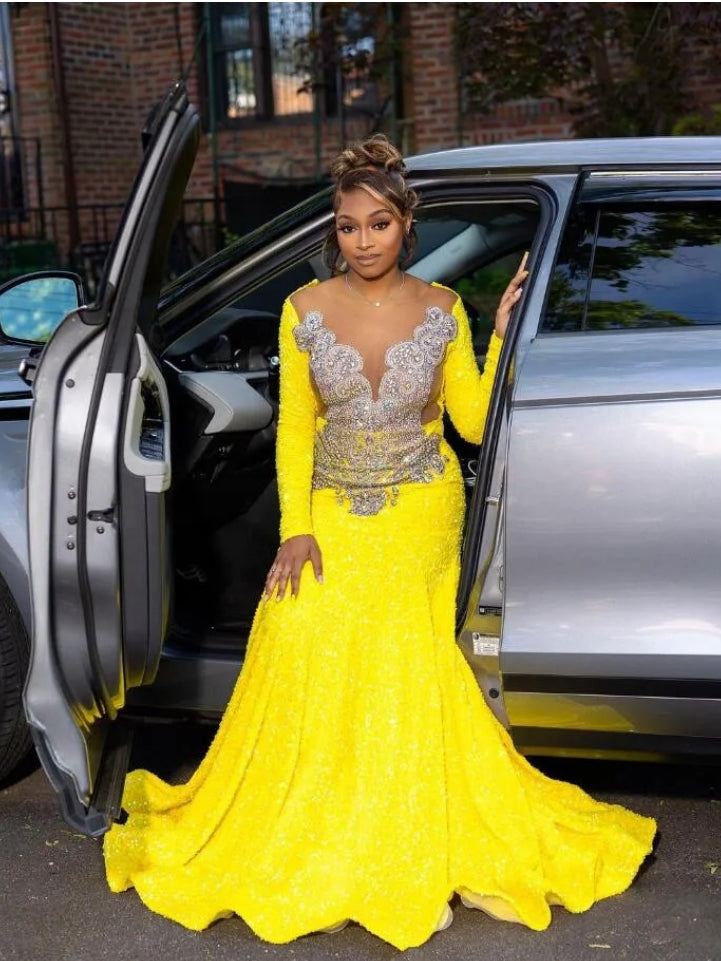 Yellow Luxury African Mermad Evening Formal Dress Long Sleeve Sparkly Diamond Blak Girl Prom Birthday Gown vestidos de gala