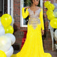 Yellow Luxury African Mermad Evening Formal Dress Long Sleeve Sparkly Diamond Blak Girl Prom Birthday Gown vestidos de gala