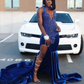 King Blue African Prom Dress for Women Sparkly Crystal Beaded Slit Velvet Black Girl Birthday Celebrity Queen Gown Gala