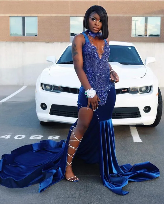 King Blue African Prom Dress for Women Sparkly Crystal Beaded Slit Velvet Black Girl Birthday Celebrity Queen Gown Gala