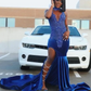 King Blue African Prom Dress for Women Sparkly Crystal Beaded Slit Velvet Black Girl Birthday Celebrity Queen Gown Gala