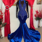 King Blue African Prom Dress for Women Sparkly Crystal Beaded Slit Velvet Black Girl Birthday Celebrity Queen Gown Gala