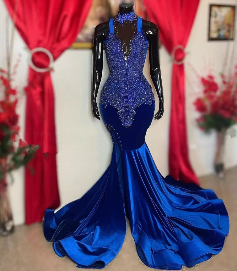 King Blue African Prom Dress for Women Sparkly Crystal Beaded Slit Velvet Black Girl Birthday Celebrity Queen Gown Gala