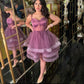 Purple Short Prom Party Dresses Sweetheart Spaghetti Strap Pleats Tulle Tiered Homecoming Dress Evening Event Formal Gown