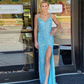 Sparkly Mermaid Homecoming Dresses Side Split Spaghetti Strap Prom Gown with Detachable Train Light Blue Sequins Pageant Wear