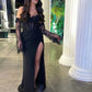 Sexy Black Satin Prom Party Dress Detachable Long Sleeve Formal Night Event Gowns High Split Evening Dresses Vestidos