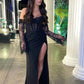 Sexy Black Satin Prom Party Dress Detachable Long Sleeve Formal Night Event Gowns High Split Evening Dresses Vestidos