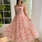 Tulle Spaghetti Straps A-line Homecoming Dress With Cherry Appliques Square Collar Pleats Tea-Length Prom Dress Teen Formal Gown