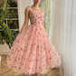 Tulle Spaghetti Straps A-line Homecoming Dress With Cherry Appliques Square Collar Pleats Tea-Length Prom Dress Teen Formal Gown