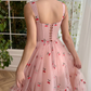 Tulle Spaghetti Straps A-line Homecoming Dress With Cherry Appliques Square Collar Pleats Tea-Length Prom Dress Teen Formal Gown