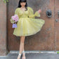 Yellow Glitter Tulle V-neck Homecoming Dresses Puff Sleeves Above Knee Cocktail Dresses Vestidos De Novia Party Dress